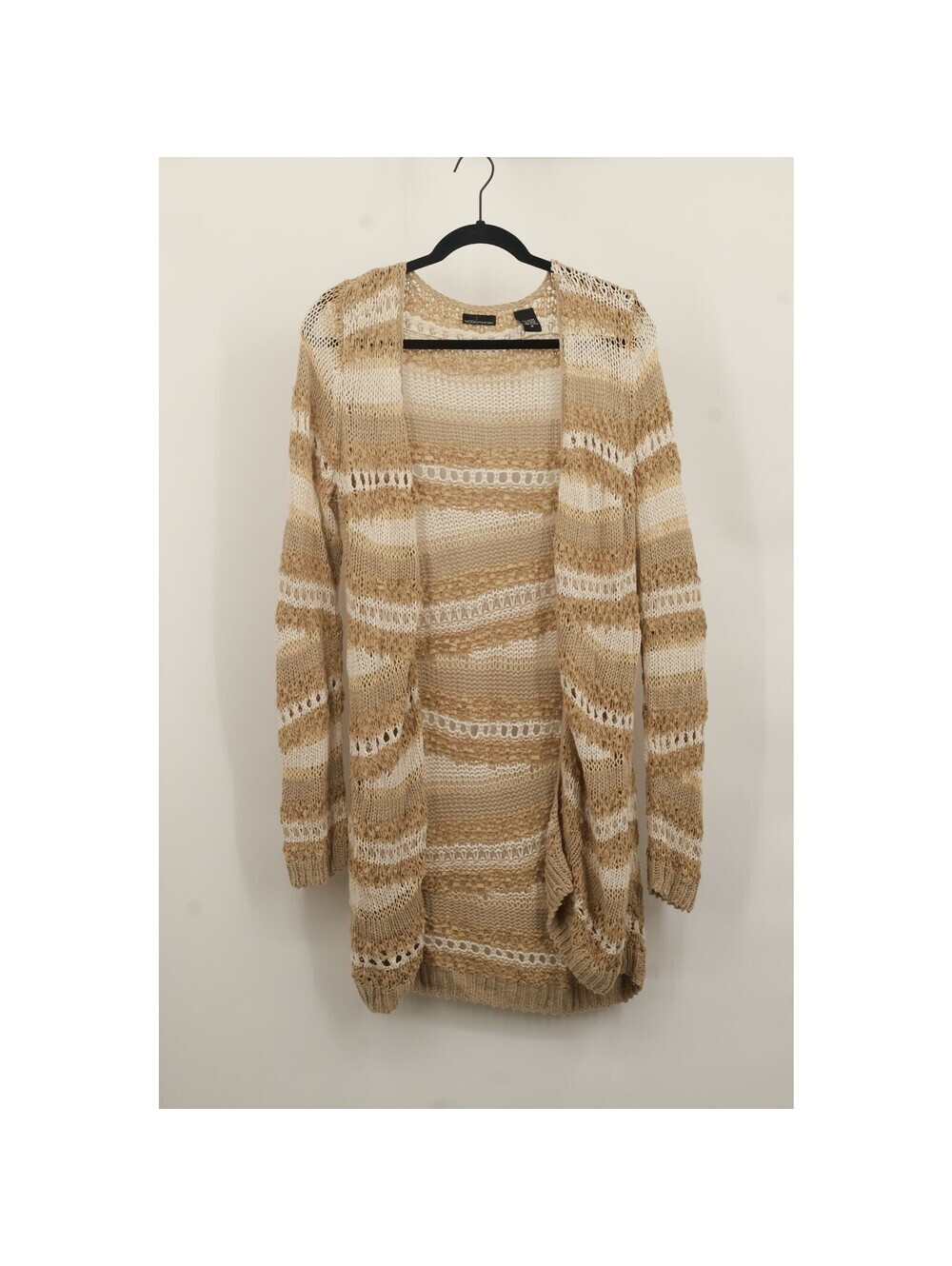Moda International Womens Open Front Knit Sweater Long Sleeve Size M Brown/White